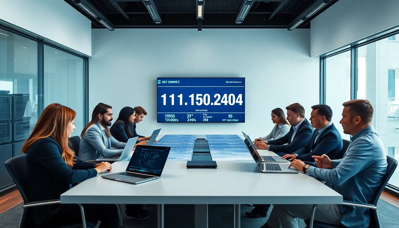 IT professionals discussing IP addresses in a modern office.